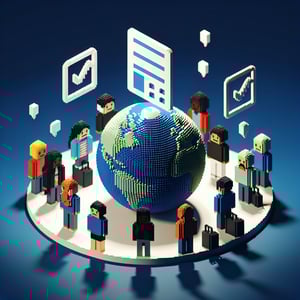 3D voxel art depicting online surveys, representing international student satisfaction survey questions.