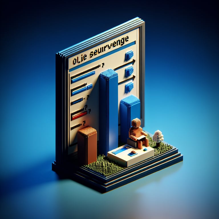 3D voxel art depicting online salary range surveys with a dark blue background.