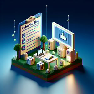 3D voxel art depicting online surveys on cyberbullying with a dark blue background.