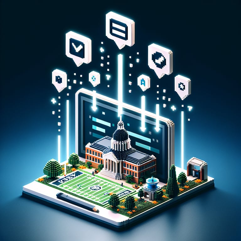 3D voxel art depicting online campus tour surveys with a dark blue background.