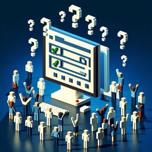 3D voxel art depicting online class surveys on a dark blue background.