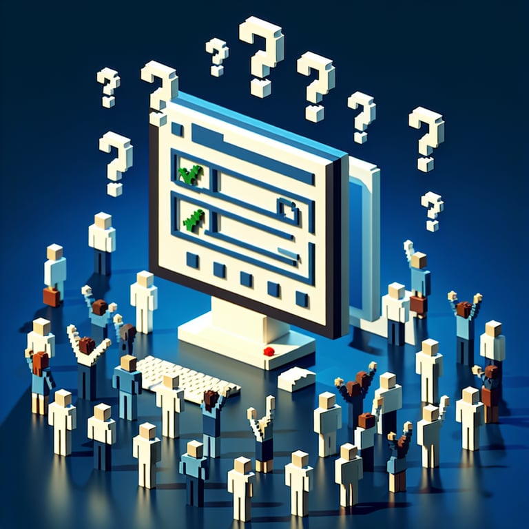 3D voxel art depicting online class surveys on a dark blue background.