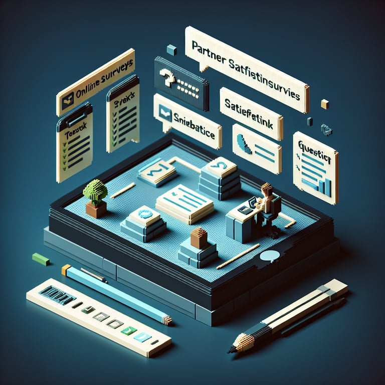 3D voxel art depicting online surveys, set against a dark blue background, symbolizing partner satisfaction surveys.