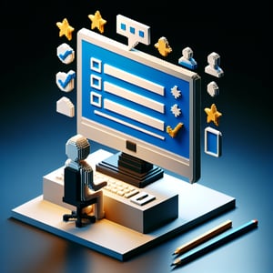 3D voxel art depicting online performance feedback survey process on a dark blue background.