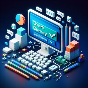 3D voxel art showing online surveys concept, in dark blue, suitable for post race survey page.