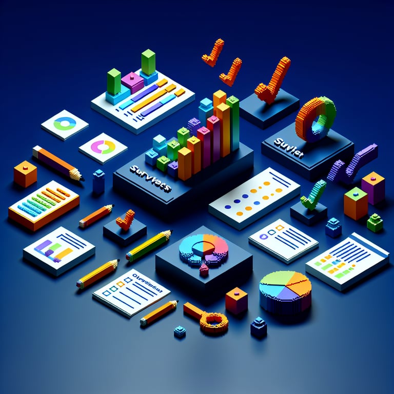 Isometric voxel illustration of a digital booth survey experience