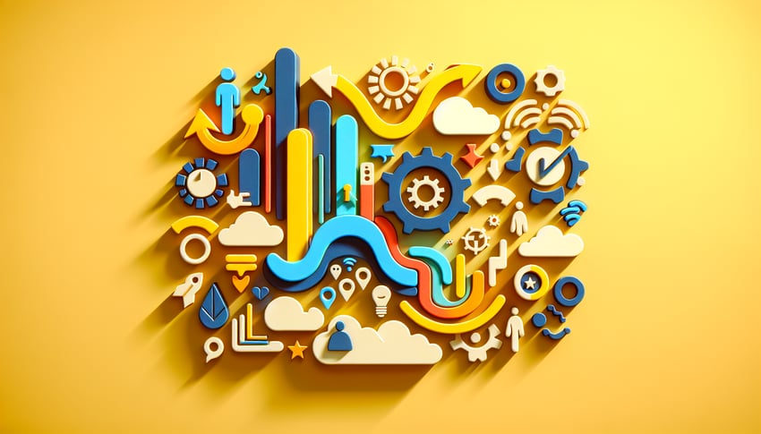 Paper-cut style illustration featuring diverse employee engagement survey questions in a colorful design.