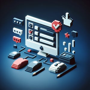 3D voxel art illustrating online surveys and questions against a dark blue background.
