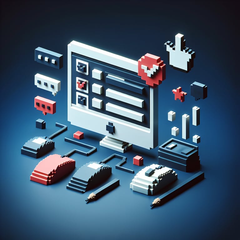 3D voxel art illustrating online surveys and questions against a dark blue background.