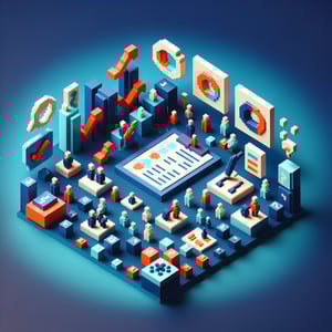 3D voxel art depicting online evaluation surveys against a dark blue background.