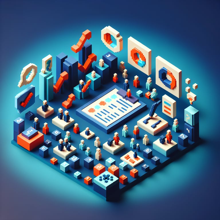 3D voxel art depicting online evaluation surveys against a dark blue background.