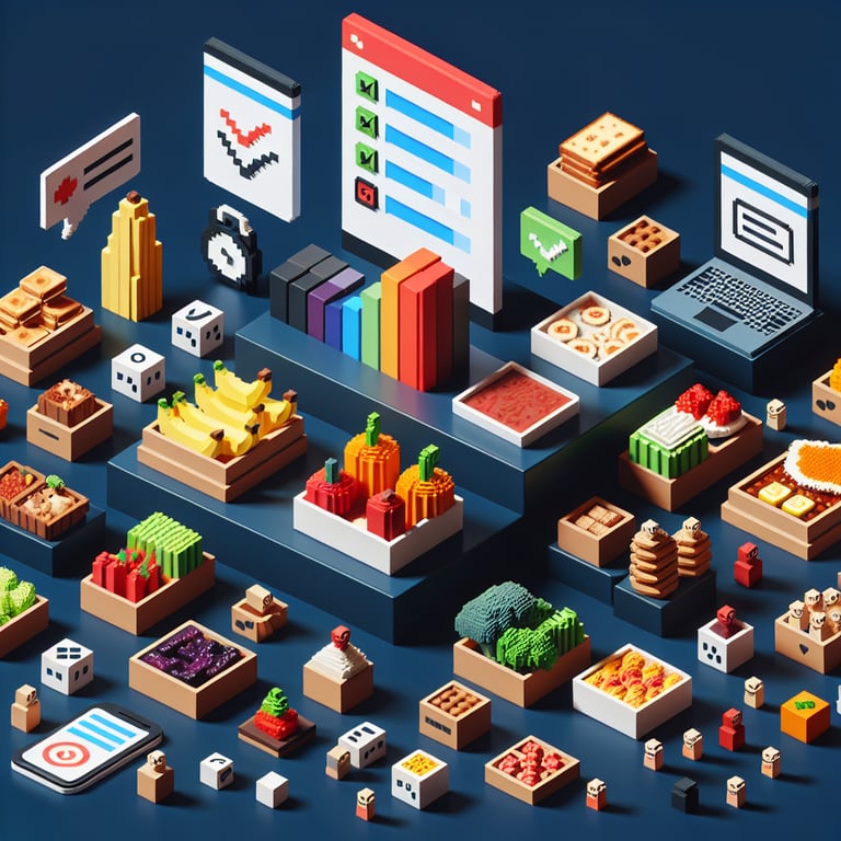 3D voxel art depicting online food quality surveys on a dark blue background.