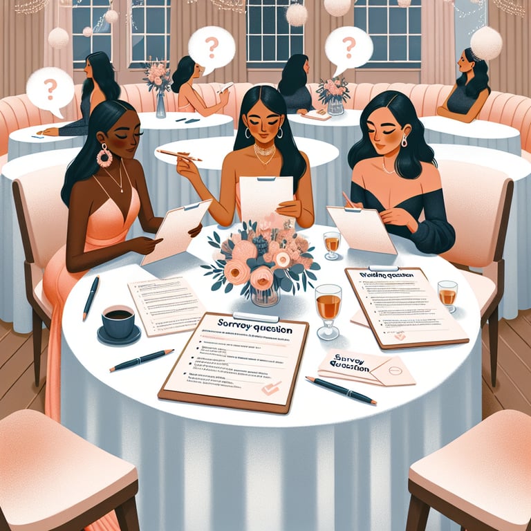 Illustration depicting bridesmaids survey questions as a new trend in wedding planning.