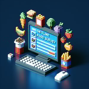 3D voxel art depicting online food survey concept on a dark blue background.