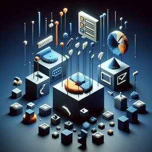 3D voxel art depicting online survey process on a dark blue background, representing Census Bureau surveys.