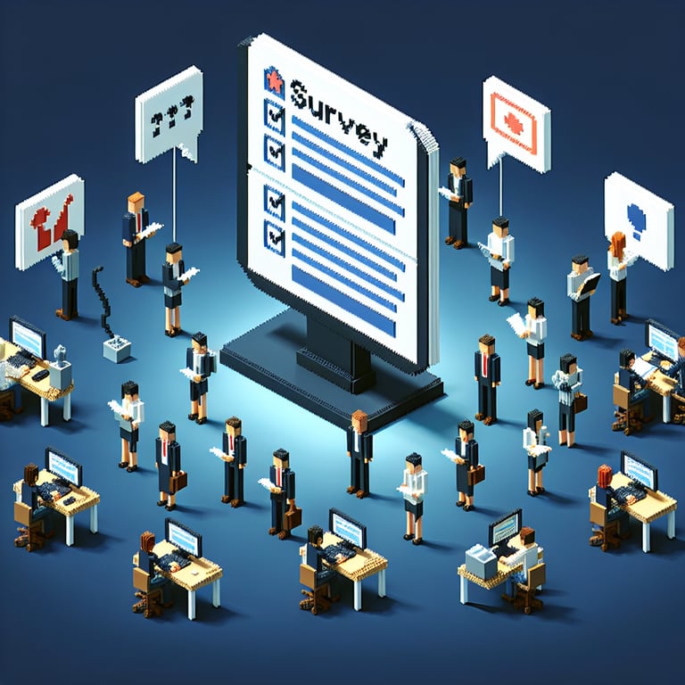 3D voxel art illustrating online employee surveys against a dark blue background.