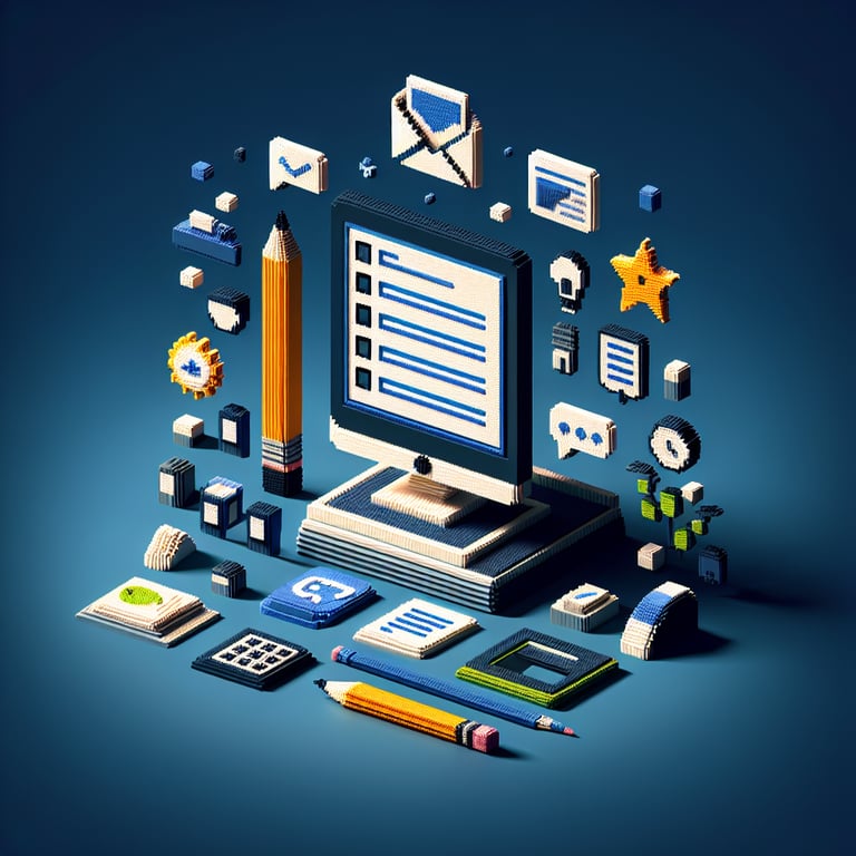 3D voxel art depicting online extracurricular survey concept on a dark blue background.