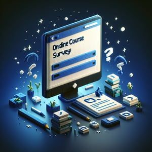 3D voxel art depicting online surveys concept on a dark blue background for student course exit surveys.