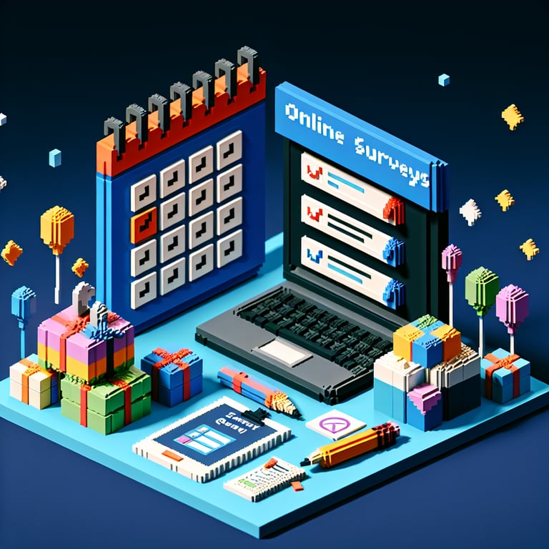 3D voxel art depicting online event planning surveys with a dark blue background.