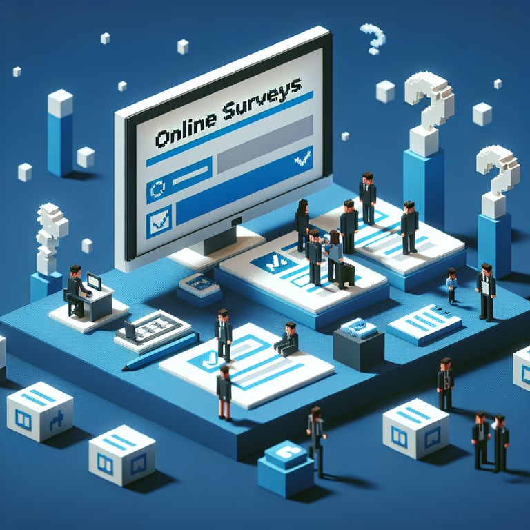 3D voxel art depicting online survey concept on a dark blue background, related to pre-retreat staff surveys.