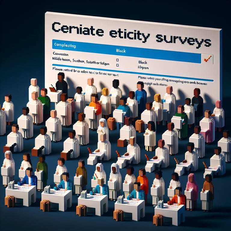 Artistic 3D voxel art showcasing demographic diversity polling concept on dark blue background.