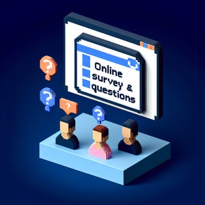 3D voxel art depicting online gender-related survey questions for children on a dark blue background.