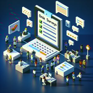 3D voxel art depicting online pre-event surveys, with a dark blue background.