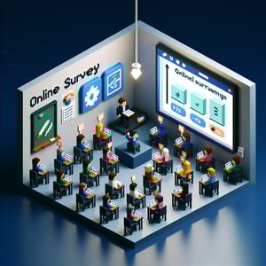 3D voxel art depicting online student surveys on classroom management, set against a dark blue background.