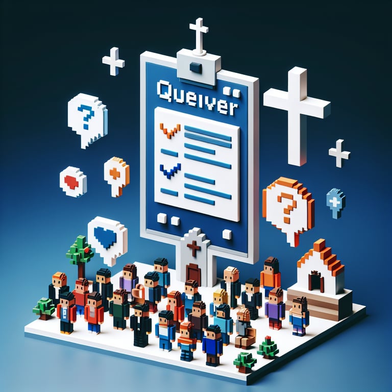 3D voxel art depicting online surveys, ideal for church small group discussions, on a dark blue background.