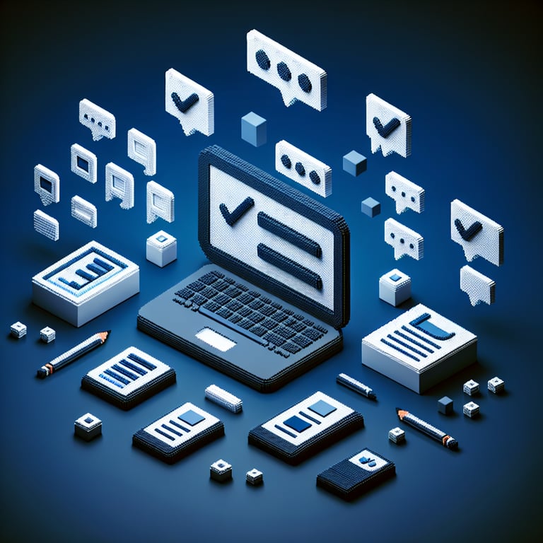 3D voxel art of online surveys, dark blue background, symbolizing lean startup survey questions.