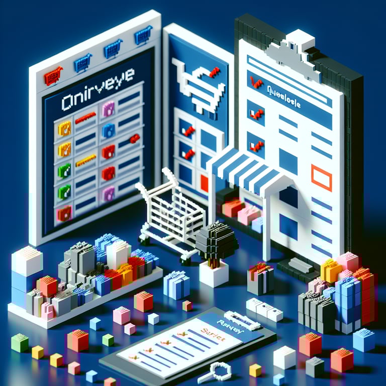 3D voxel art illustrating the concept of online retail surveys on a dark blue background.