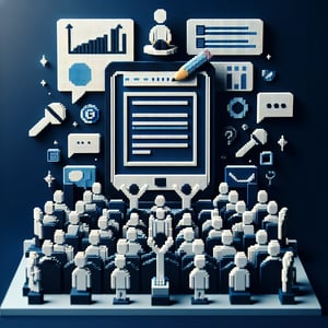 3D voxel art depicting online seminar feedback surveys on a dark blue background.