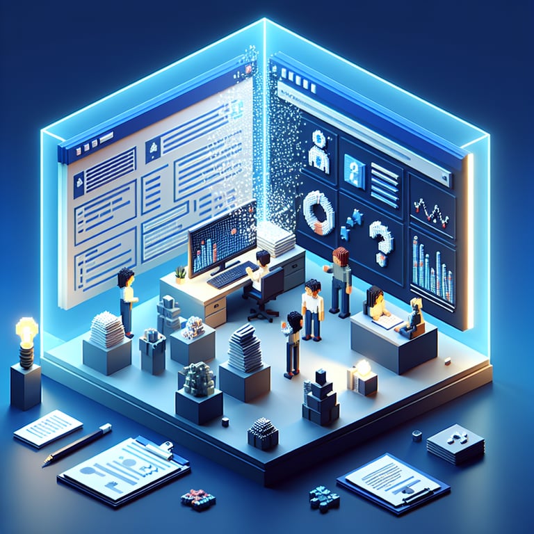 3D voxel art depicting online childhood survey concept on a dark blue background.