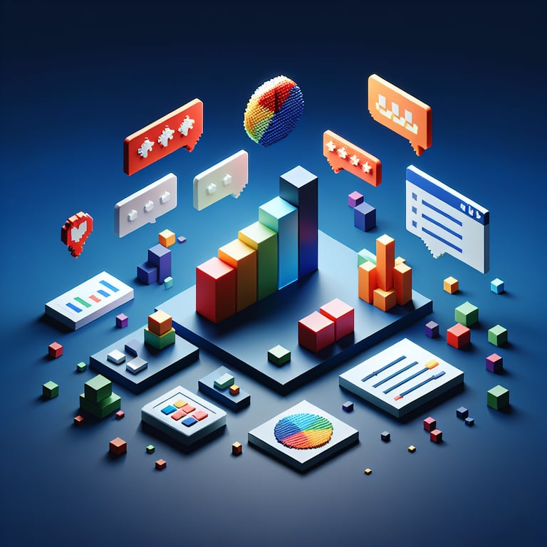 3D voxel art depicting the concept of online benchmarking survey questions on a dark blue background.