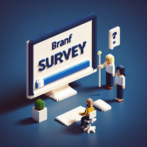 3D voxel art depicting online staff brand surveys with a dark blue background.