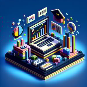 3D voxel art depicting online surveys, symbolizing educational program survey questions on a dark blue background.