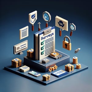 3D voxel art depicting online data privacy surveys, set against a dark blue background.