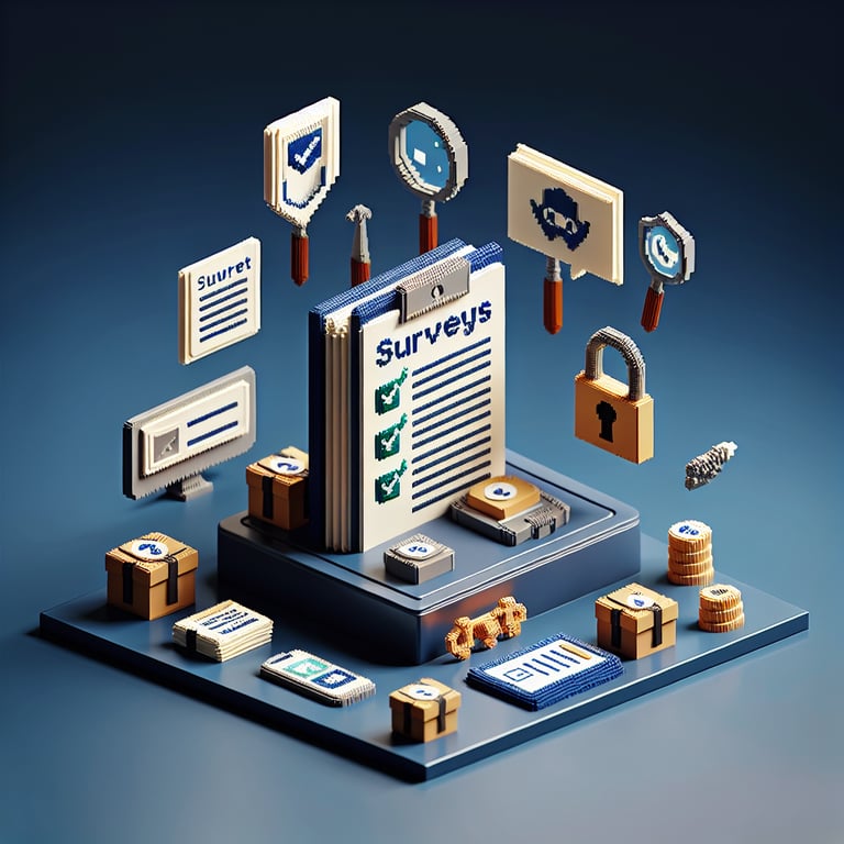 3D voxel art depicting online data privacy surveys, set against a dark blue background.