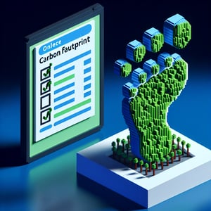 3D voxel art illustrating online carbon footprint surveys on a dark blue background.