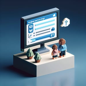 3D voxel art depicting online surveys, symbolizing distance learning for parents survey questions.