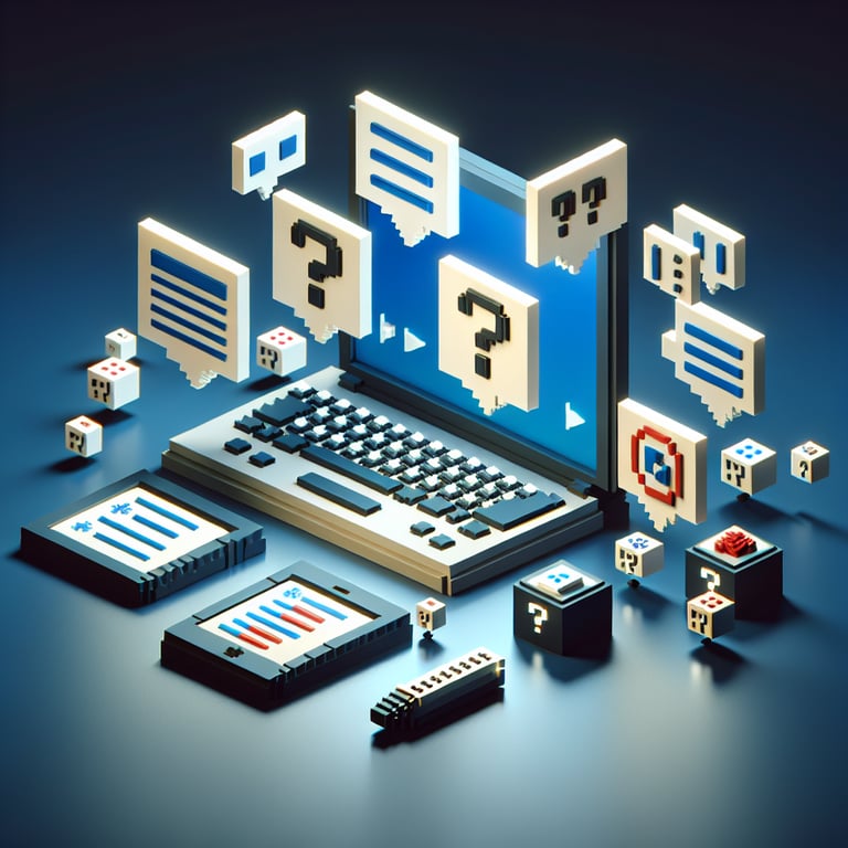 3D voxel art illustrating the concept of online surveys and questions on a dark blue background.