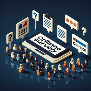 3D voxel art depicting online political attitude survey concept on a dark blue background.