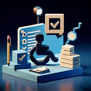 3D voxel art depicting the concept of disability discrimination surveys on a dark blue background.