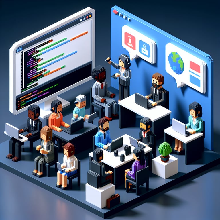 3D Voxel Blueprint Hub: Illustration highlighting key topics to include in your Employee Training survey questions.
