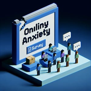 3D voxel art depicting online anxiety survey concept on a dark blue background.