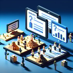 3D voxel art depicting online surveys, ideal for a landing page on employee branding surveys, on a dark blue background.