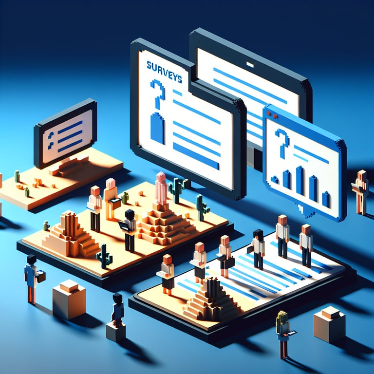 3D voxel art depicting online surveys, ideal for a landing page on employee branding surveys, on a dark blue background.