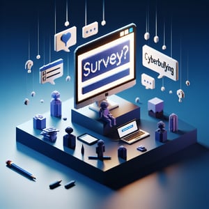 3D voxel art depicting online surveys, symbolising cyber bullying queries, set against a dark blue background.