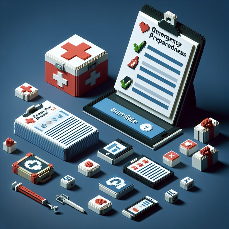 Stylized 3D voxel art showing a disaster preparedness survey interface on deep blue background.