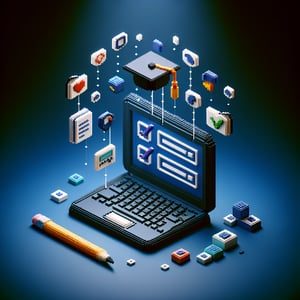 3D voxel art depicting online educational attainment surveys on a dark blue background.
